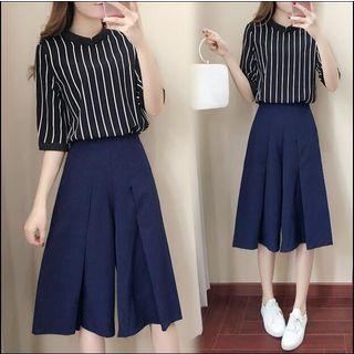 Set: Striped Elbow-sleeve T-shirt + Wide Leg Capri Pants