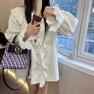 V-neck Lace Panel Ruffle Trim Blouse White - One Size