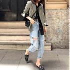 Plaid Double Breasted Blazer / Distressed Straight-fit Jeans / Set