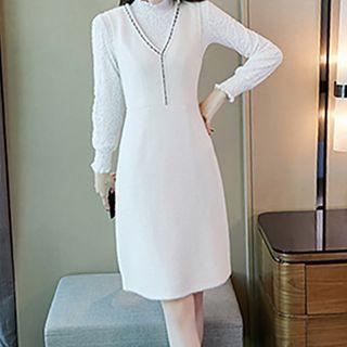 Set: Long-sleeve Mock-neck Lace Top + Sleeveless Knit A-line Dress