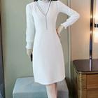Set: Long-sleeve Mock-neck Lace Top + Sleeveless Knit A-line Dress