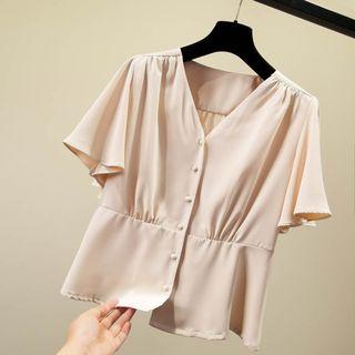 Short-sleeve Buttoned Chiffon Top