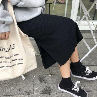 Ribbed Slit-hem Knit Skirt Black - One Size