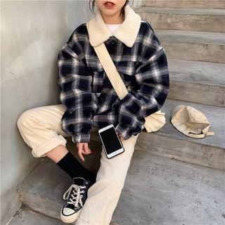 Furry Collar Plaid Buttoned Jacket As Shown In Figure - One Size