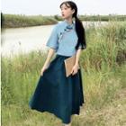Short-sleeve Mandarin Collar Embroidered Top / A-line Midi Skirt