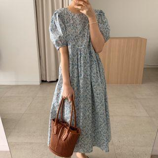 Floral Short-sleeve Midi A-line Dress Floral - Light Blue - One Size