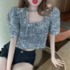 Sequined Short-sleeve Cropped Top Silver - One Size