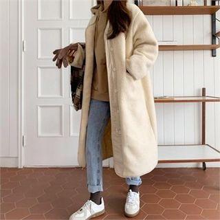 Collarless Sherpa-fleece Long Coat Beige - One Size