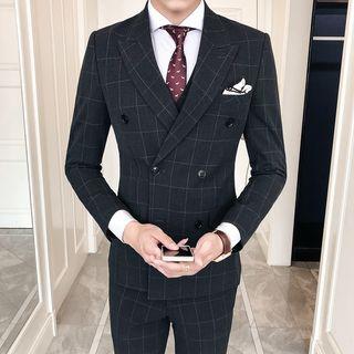 Set: Plaid Double-breasted Blazer + Vest + Dress Pants