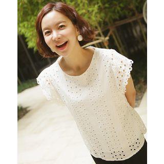 Crew-neck Cap-sleeve Openwork Top