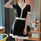 Set: Contrast-piping Faux-pearl Knit Top + A-line Skirt