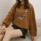 Long-sleeve Mock-neck Embroidery Top