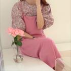 Floral Print Puff-sleeve Blouse / Midi A-line Pinafore Dress