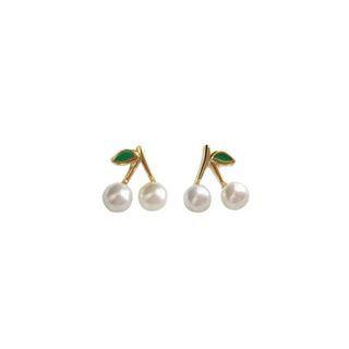 Sterling Silver Faux Pearl Cherry Stud Earring 1 Pair - Gold & Off-white - One Size