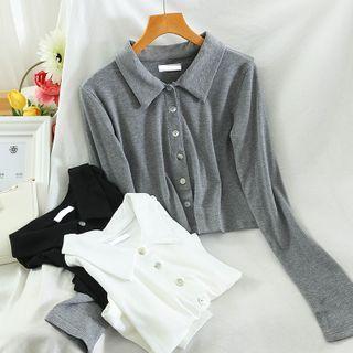 Collared Button Long-sleeve Cropped T-shirt