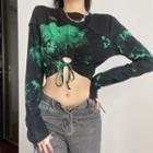 Long Sleeve Tie-dyed Tie-front Crop Top