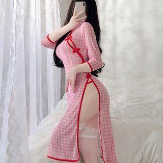 3/4-sleeve Gingham Midi Qipao Dress / Lace Stockings / Set