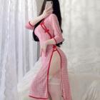 3/4-sleeve Gingham Midi Qipao Dress / Lace Stockings / Set