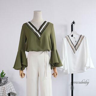 Contrast Trim V-neck Bell-sleeve Chiffon Blouse