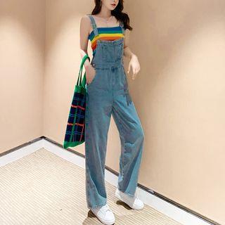 Set: Spaghetti Strap Striped Top + Wide-leg Denim Dungaree
