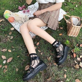 Faux Leather Lace Up Ankle Strap Buckled Flats