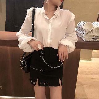 Long-sleeved Blouse / Buttoned A-line Skirt
