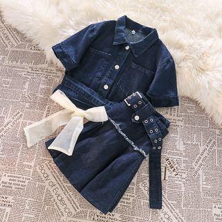 Short-sleeve Button-up Denim Short / Buckle Denim Mini Skirt