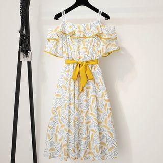 Off-shoulder Sleeveless  Ruffle Print Dress