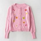 Cartoon Embroidered Cardigan Pink - One Size