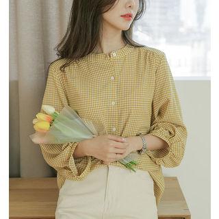 Mandarin-collar Puff-sleeve Checked Blouse