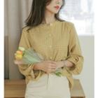 Mandarin-collar Puff-sleeve Checked Blouse