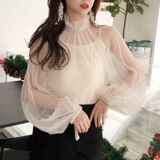 Set: Plain Cami Top + Plain Mock-neck Mesh Top