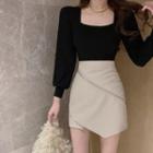 Set: Long-sleeve Square-neck Top + Asymmetrical Zipper Mini Skirt
