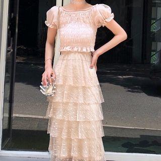Shirred Short-sleeve Top / Layered Maxi Skirt