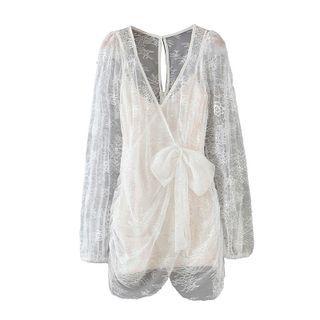 Set: Long-sleeve Tie-front Lace Mini Sheath Dress + Sequined Slipdress