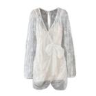Set: Long-sleeve Tie-front Lace Mini Sheath Dress + Sequined Slipdress
