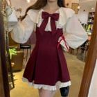 Ruffle Bow Accent Blouse / Mini Overall Dress / Mini A-line Skirt