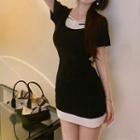 Mock Two-piece Square-neck Short-sleeve Bodycon Dress
