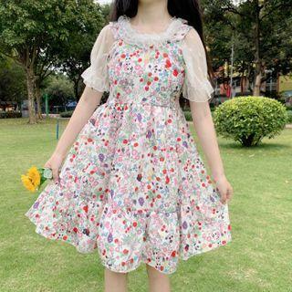 Heart Print Mesh Blouse / Cartoon Print Pinafore Dress