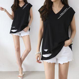 Lettered Slashed Sleeveless Top