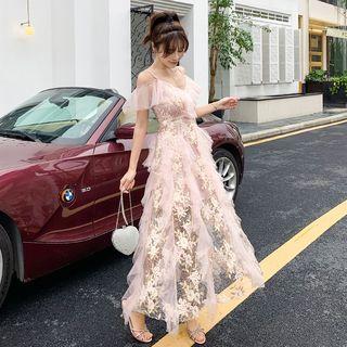 Cutout-shoulder V-neck Floral Embroidered Cocktail Dress