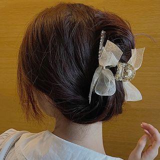 Rhinestone Bow Mesh Alloy Hair Clamp 3961 - 1 Pc - Beige - One Size