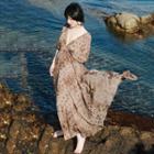 Short-sleeve V-neck Maxi Dress Brown - One Size