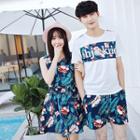 Couple Matching Sleeveless Flower Print Sundress / Lettering T-shirt / Shorts
