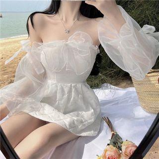 Plain Mesh Bow A-line Mini Dress