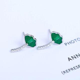 925 Sterling Silver Rhinestone Leaf Earring 1 Pair - Silver & Green - One Size