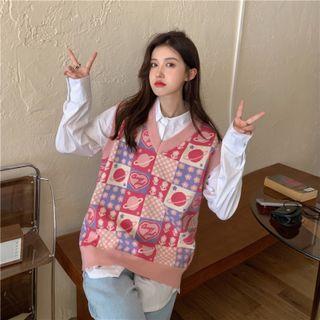 Planet Print Sweater Vest / Plain Shirt