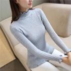 Frill Trim Ribbed Long-sleeve Knit Sweater