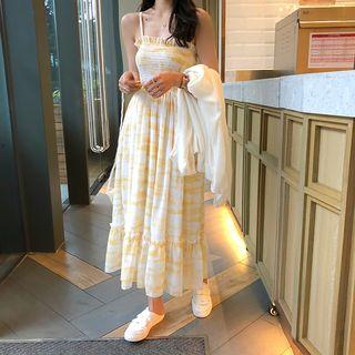 Spaghetti Strap Printed Maxi Dress / Long-sleeve Open-front Light Jacket