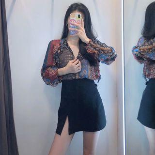 Long-sleeve Ruffle Trim Print Blouse
